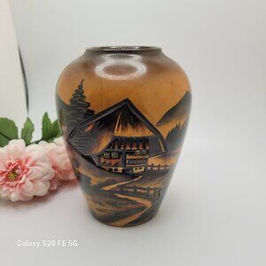 Vintage 1970s Handarbeit German Black Forest Hand Carved Painted Wood Vase 7 In